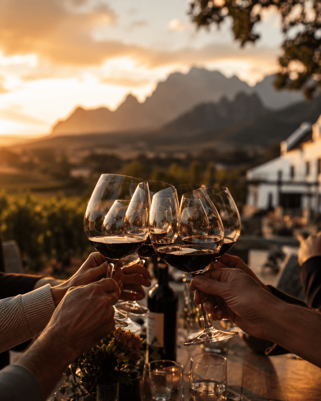 Anstossen mit Wein bei Sonnenuntergang