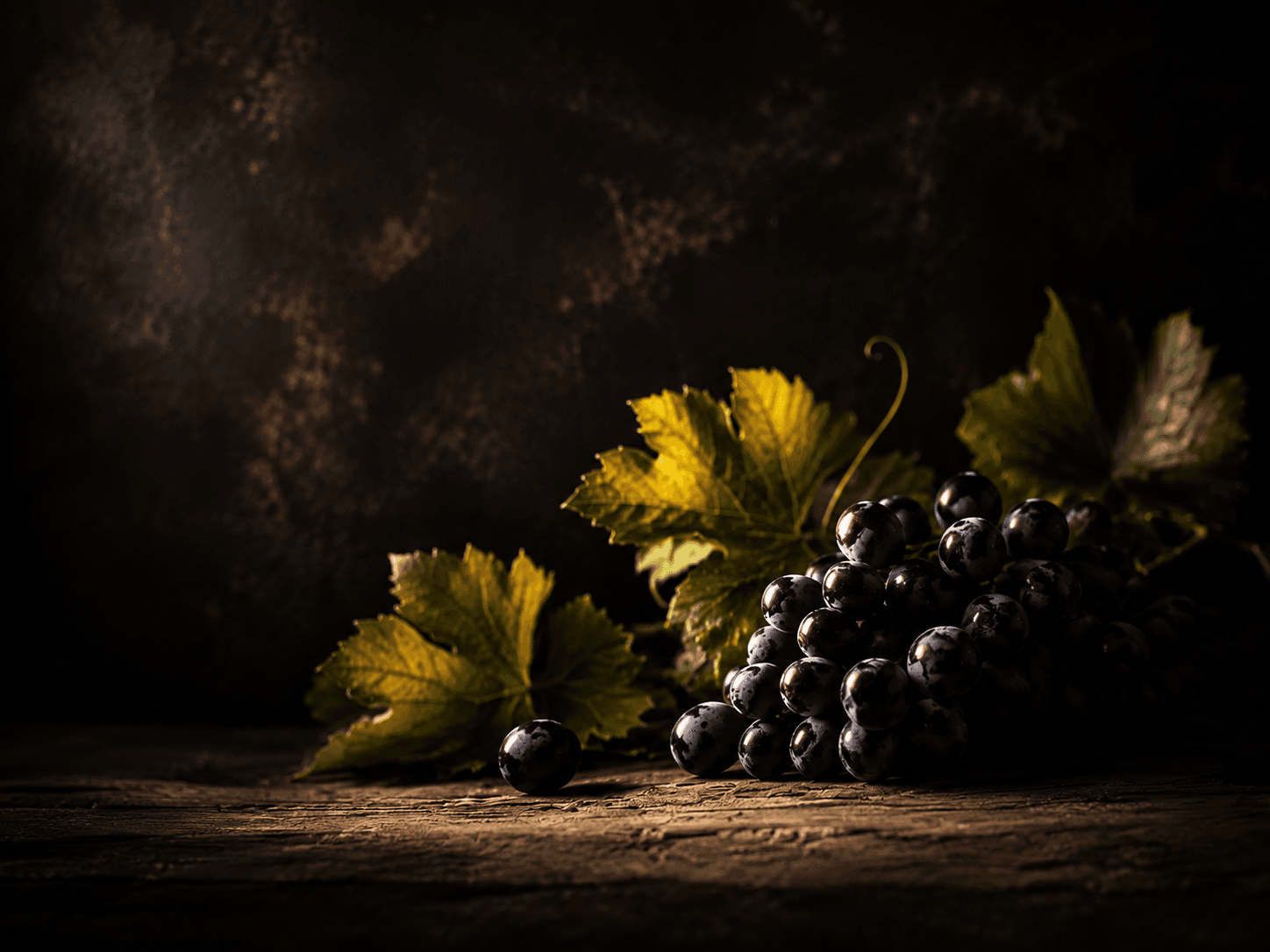 Dunkle Trauben mit Weinlaub